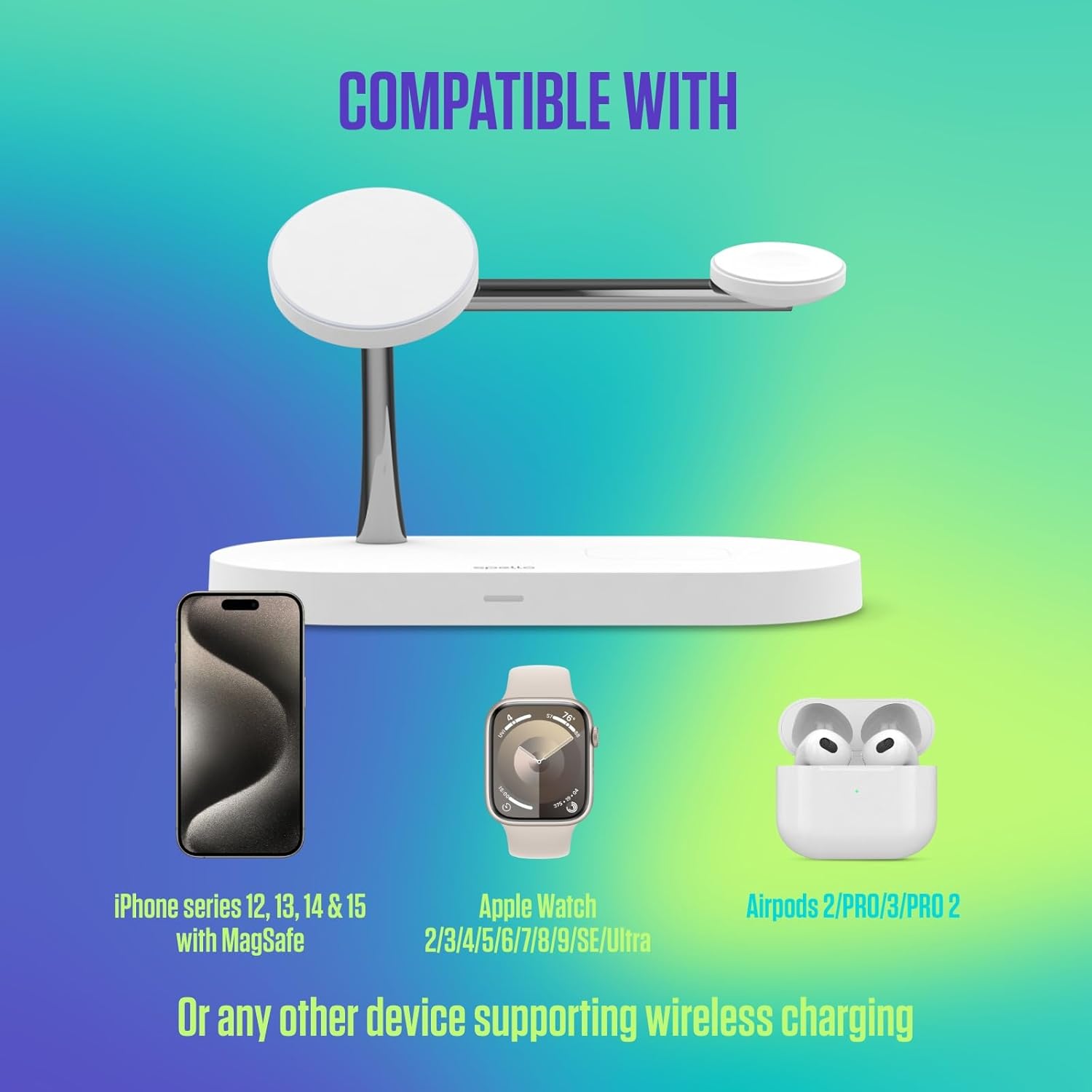 Spello Soporte de Carga inalámbrico magnético 3 en 1, Compatible con MagSafe, Carga para iPhone 15, 14, 13 y 12, Apple Watch y AirPods, con Puerto de Carga USB-A, Color Blanco