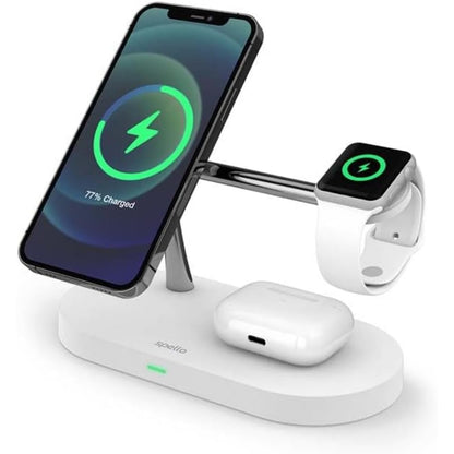 Spello Soporte de Carga inalámbrico magnético 3 en 1, Compatible con MagSafe, Carga para iPhone 15, 14, 13 y 12, Apple Watch y AirPods, con Puerto de Carga USB-A, Color Blanco