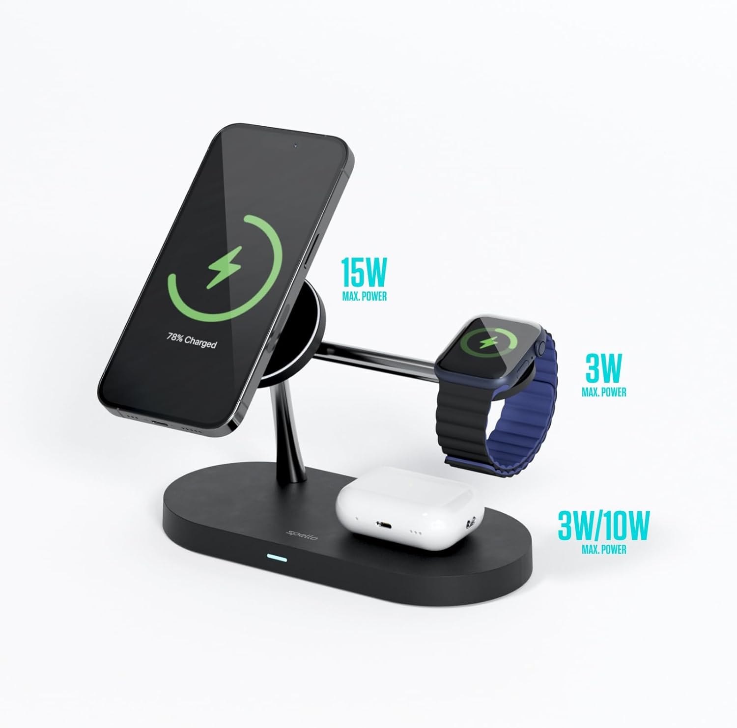 Spello 3 in 1 Magnetic Wireless Charging Stand, MagSafe Compatible, Charging for iPhone 15, 14, 13 & 12 series, Apple Watch & AirPods, with USB-A Charging Port, Black