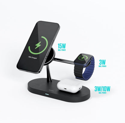 Spello 3 in 1 Magnetic Wireless Charging Stand, MagSafe Compatible, Charging for iPhone 15, 14, 13 & 12 series, Apple Watch & AirPods, with USB-A Charging Port, Black