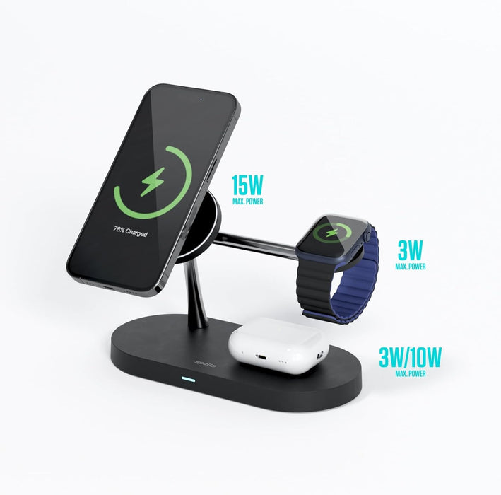 Spello 3 in 1 Magnetic Wireless Charging Stand, MagSafe Compatible, Charging for iPhone 15, 14, 13 & 12 series, Apple Watch & AirPods, with USB-A Charging Port, Black