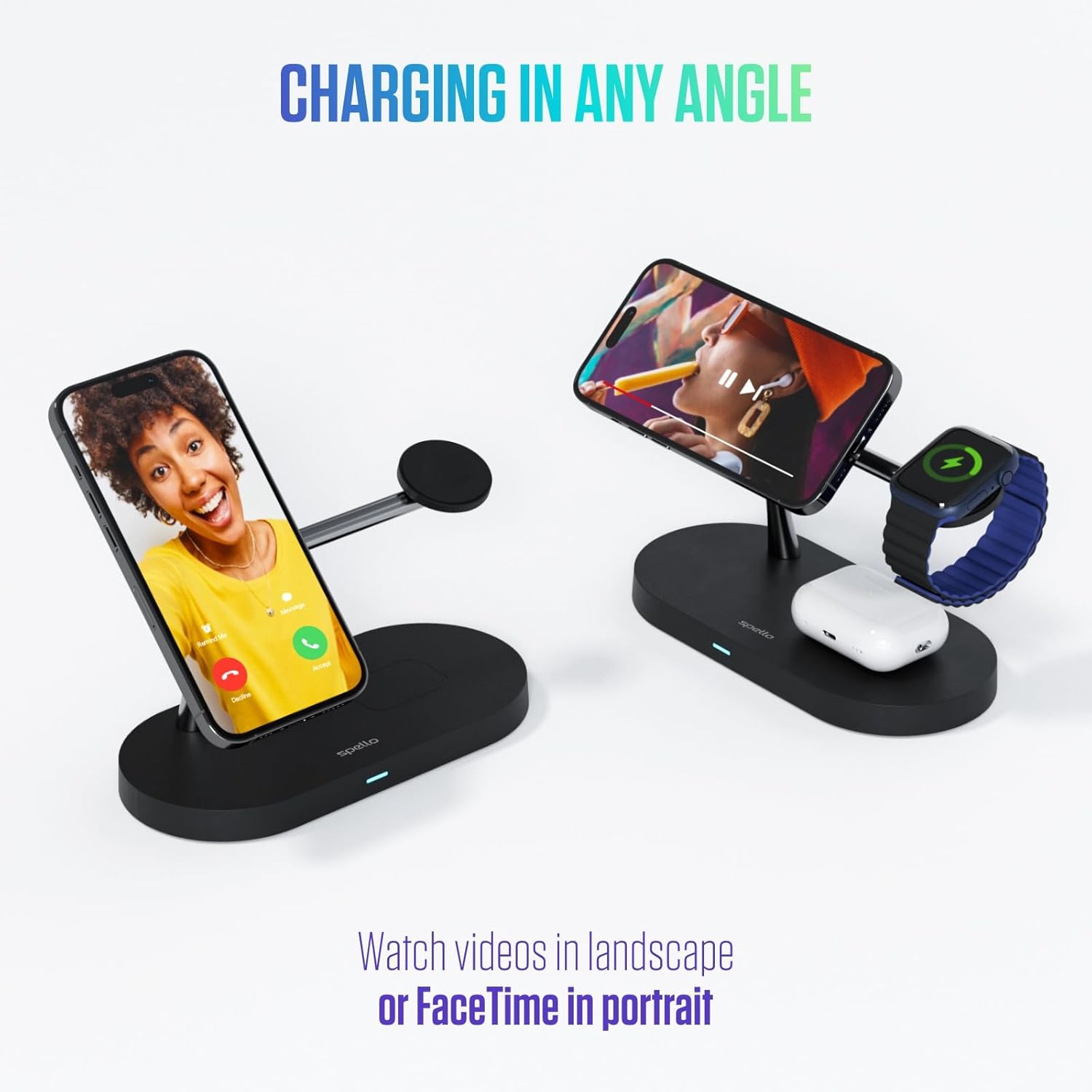 Spello 3 in 1 Magnetic Wireless Charging Stand, MagSafe Compatible, Charging for iPhone 15, 14, 13 & 12 series, Apple Watch & AirPods, with USB-A Charging Port, Black