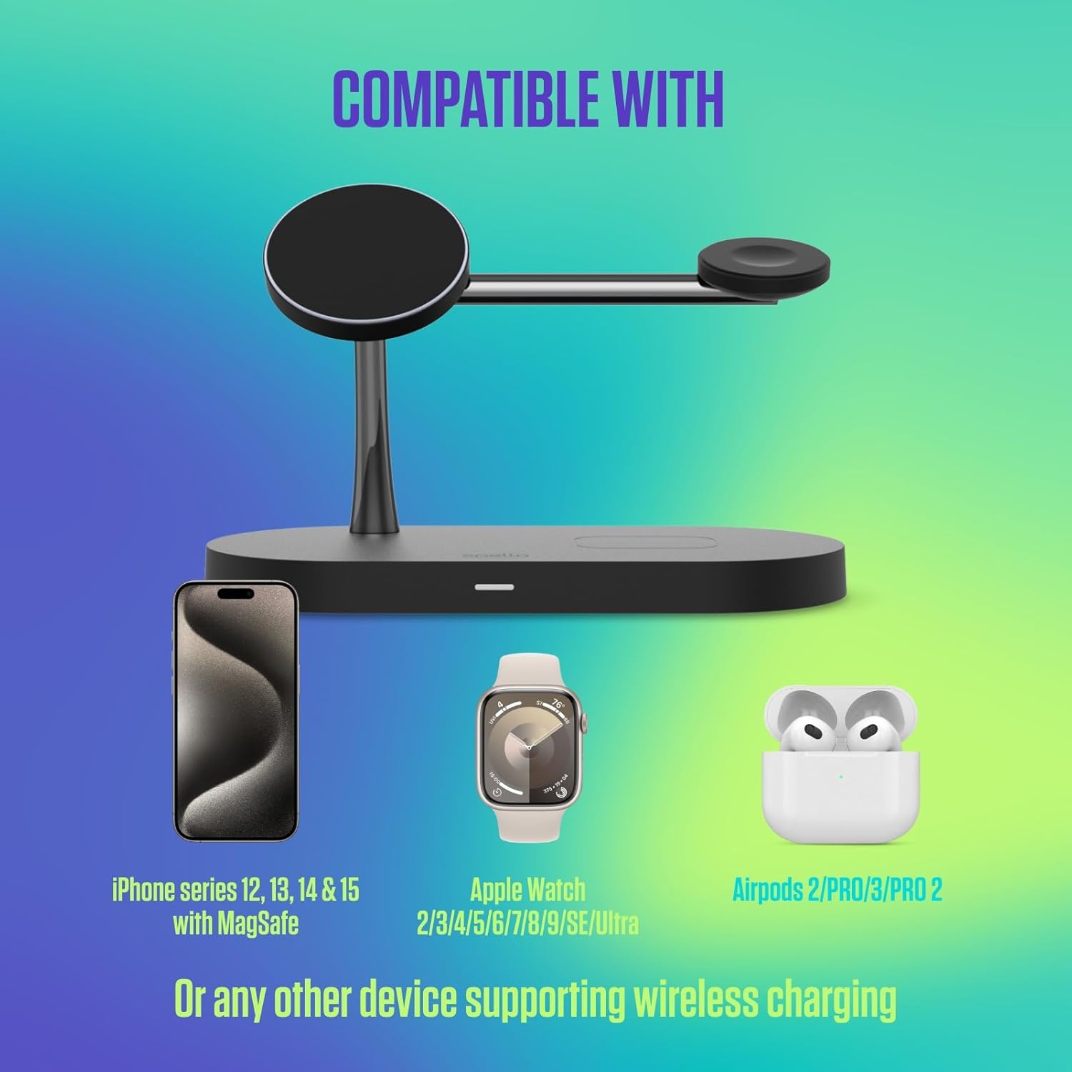 Spello 3 in 1 Magnetic Wireless Charging Stand, MagSafe Compatible, Charging for iPhone 15, 14, 13 & 12 series, Apple Watch & AirPods, with USB-A Charging Port, Black