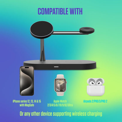 Spello 3 in 1 Magnetic Wireless Charging Stand, MagSafe Compatible, Charging for iPhone 15, 14, 13 & 12 series, Apple Watch & AirPods, with USB-A Charging Port, Black