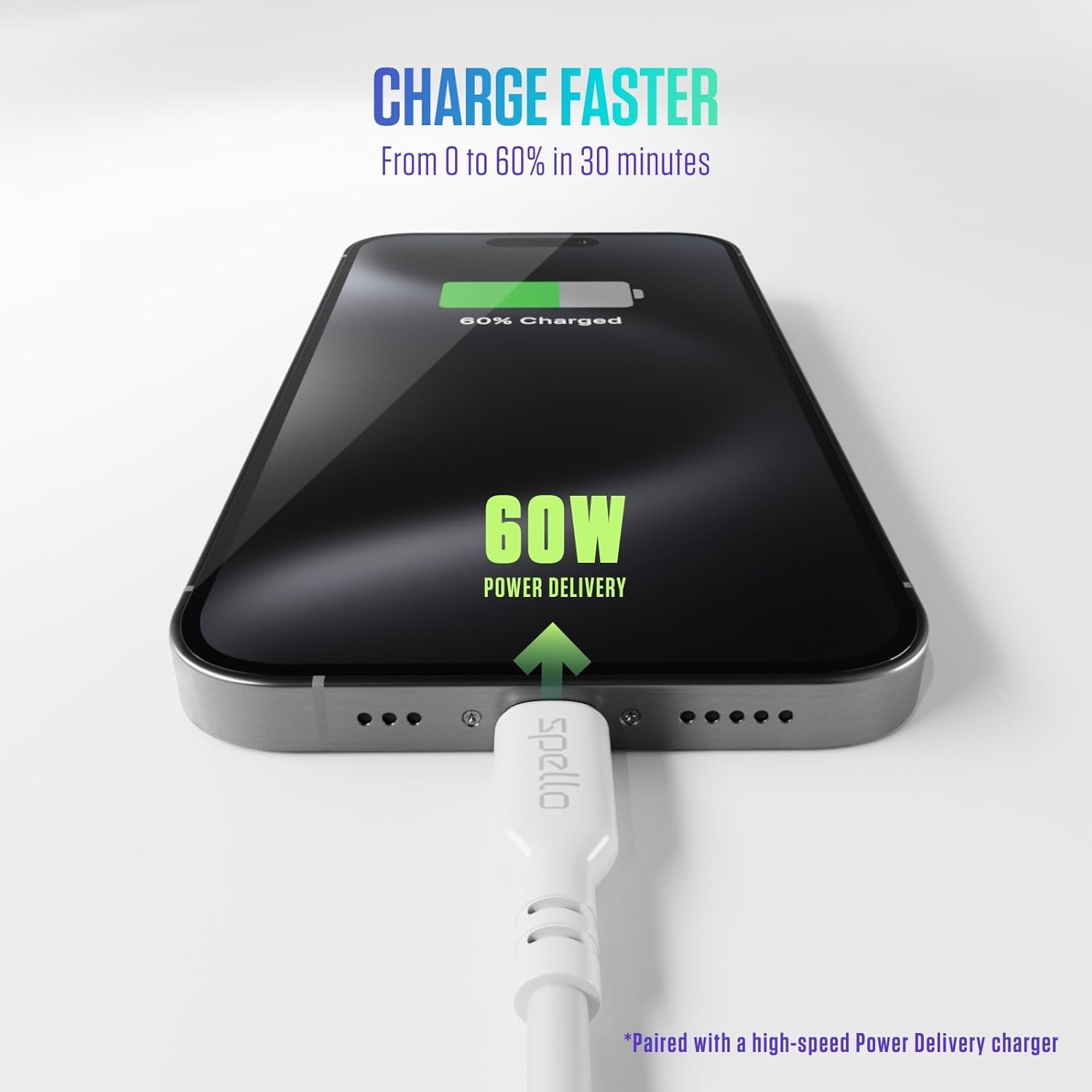 Spello USB-C to USB-C White Cable, Charge & Sync, Power Delivery 60W, Data Transfer 480Mbps, 1m, for Apple iPhone 15, White