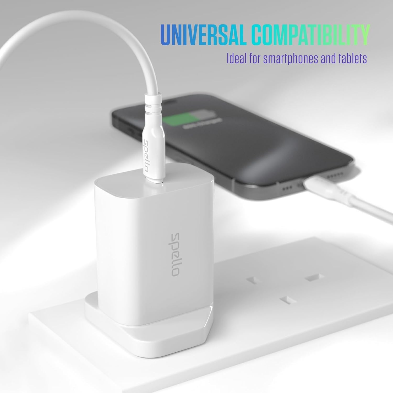 Spello USB-C Bundle, USB-C Cable & 20W PD Charger, 20W Power Delivery, Fast Charger Adapter for Apple & Android, USB-C iPhone 15 Charger, Fast Charger Adapter, White