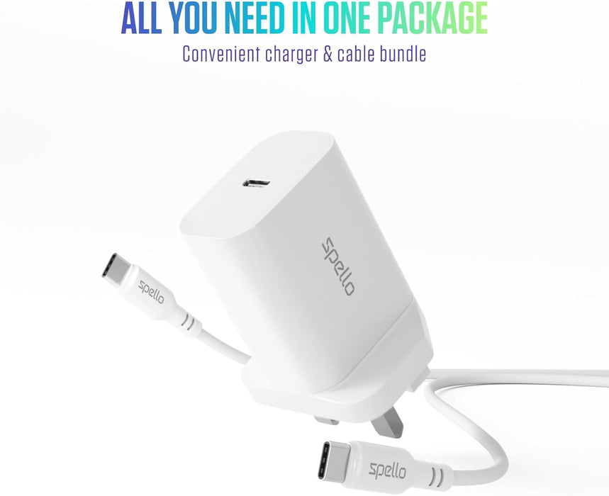 Spello USB-C Bundle, USB-C Cable & 20W PD Charger, 20W Power Delivery, Fast Charger Adapter for Apple & Android, USB-C iPhone 15 Charger, Fast Charger Adapter, White