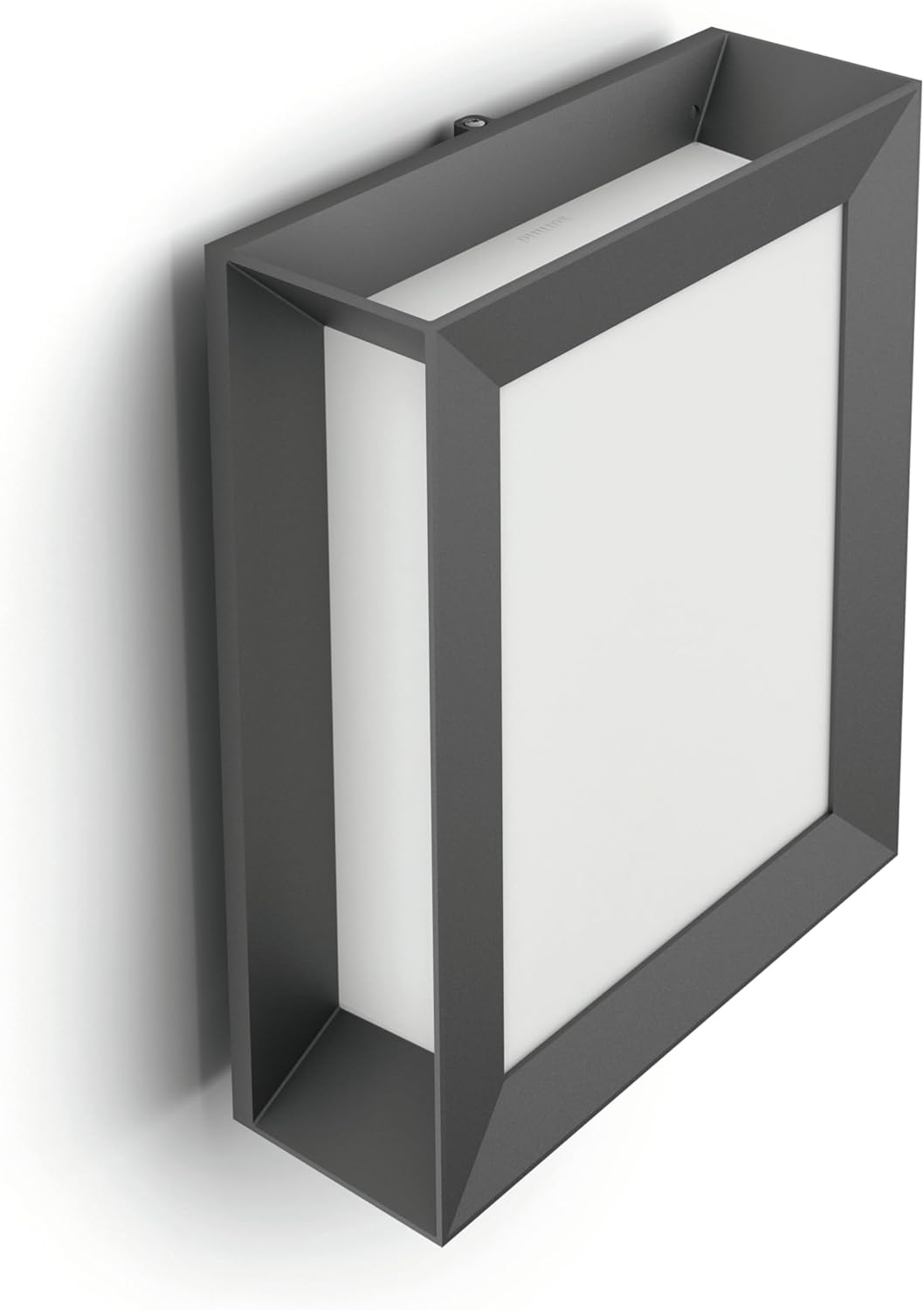 The Philips Karp LED outdoor wall light in anthracite grey suspends a large panel of diffuse warm white light in an elegant frame of