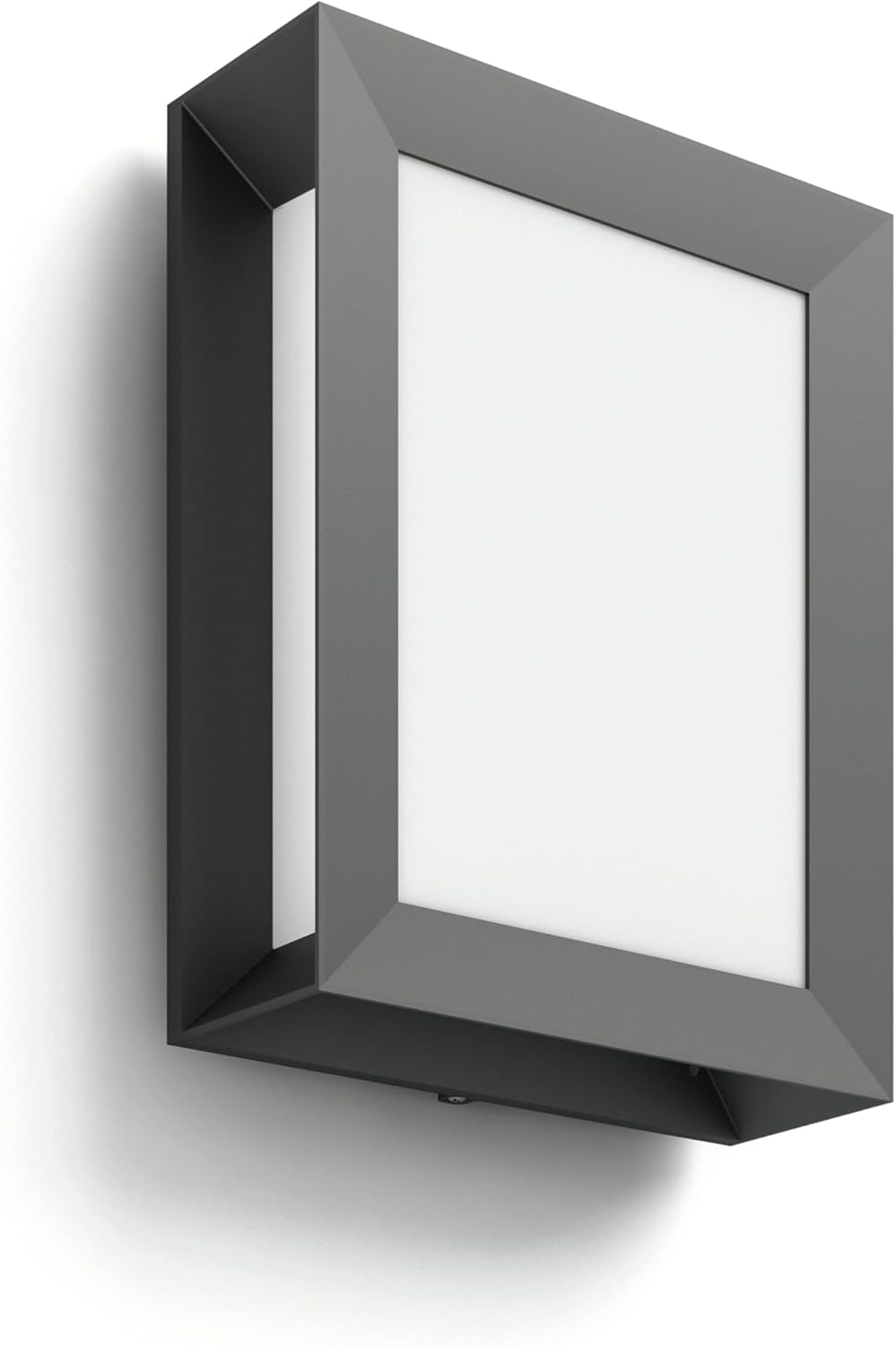 The Philips Karp LED outdoor wall light in anthracite grey suspends a large panel of diffuse warm white light in an elegant frame of