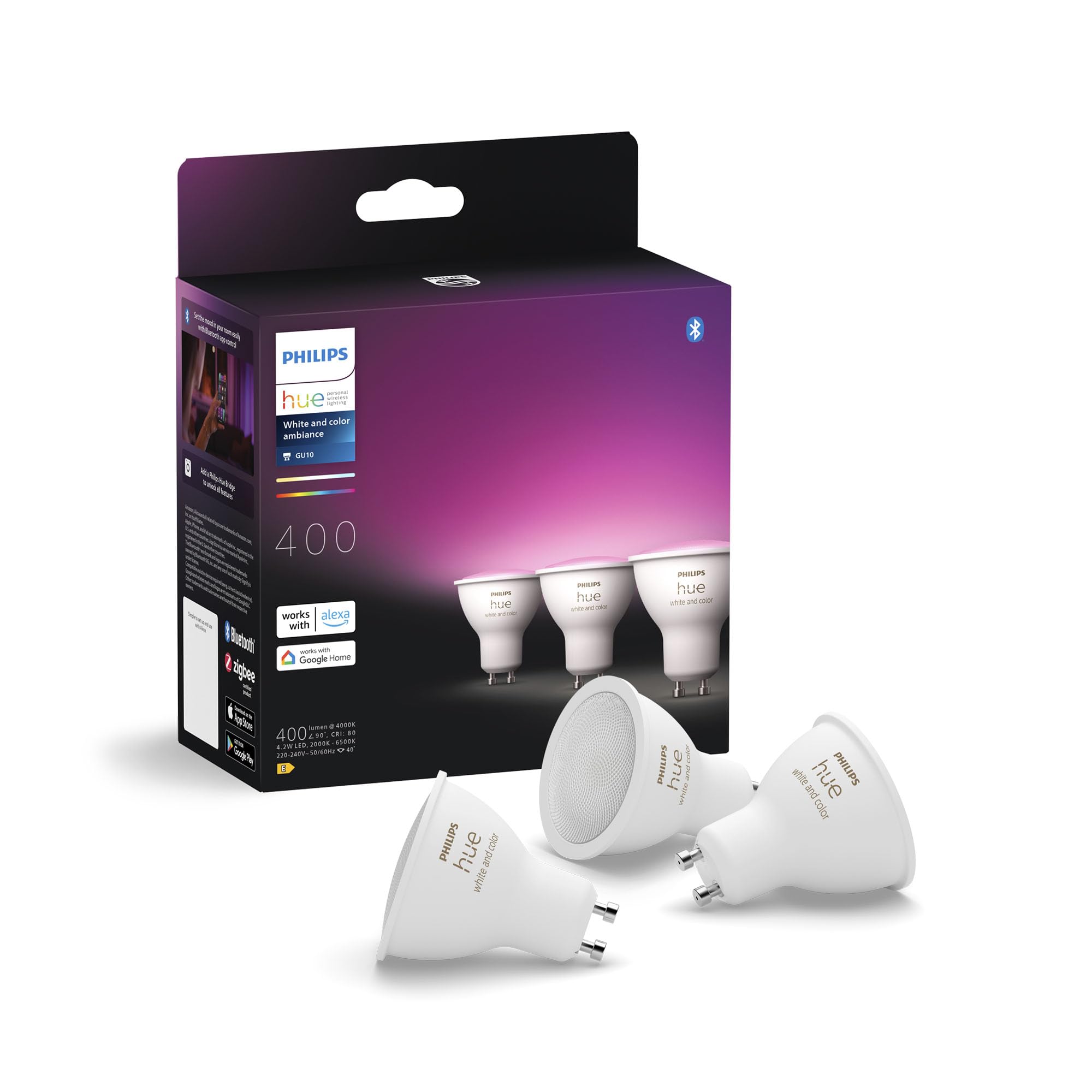 Philips Hue 4.2W GU10 Colour Smart LED 3-Pack Bulbs