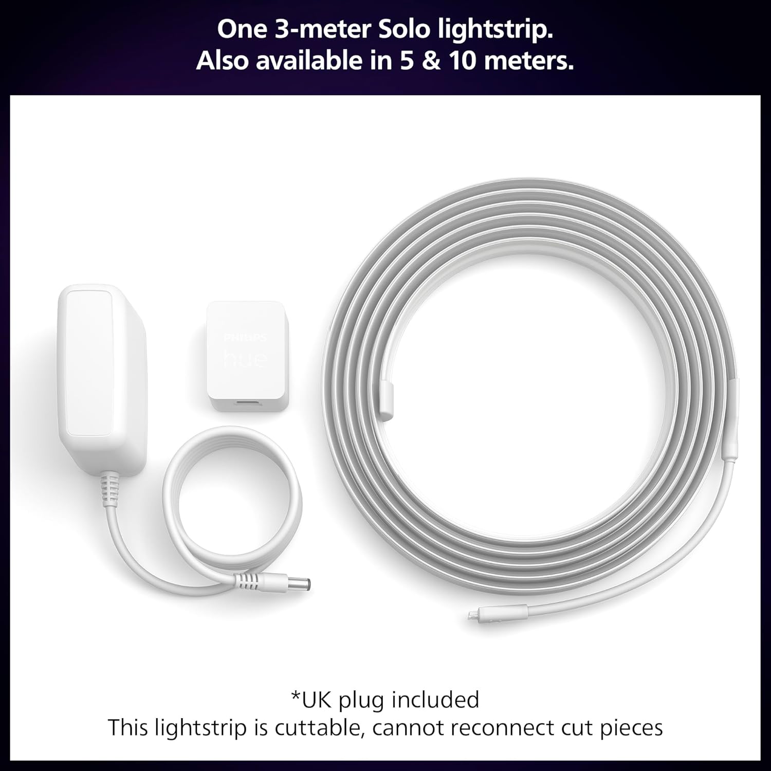 Philips Hue Indoor 3-Meter Smart LED Solo lightstrip (Non Extendable) - 1 Pack - Control with Hue App - Works with Alexa, Google Assistant and Apple HomeKit, Plug Type G, White