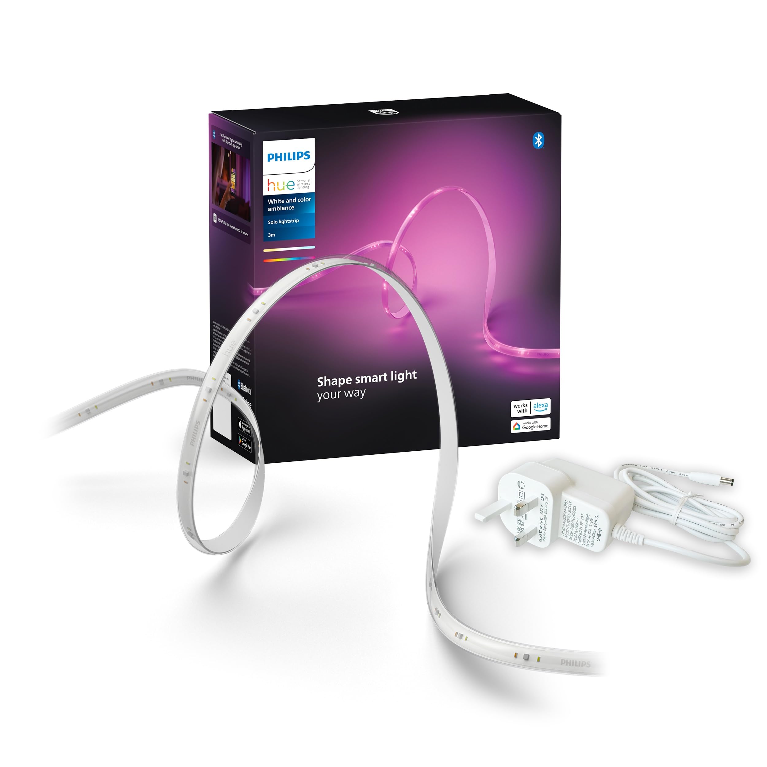 Philips Hue Indoor 3-Meter Smart LED Solo lightstrip (Non Extendable) - 1 Pack - Control with Hue App - Works with Alexa, Google Assistant and Apple HomeKit, Plug Type G, White