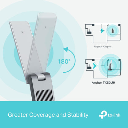 TP-Link AX3000 Wi-Fi 6 High Gain Wireless USB 3.0 Adapter, Dual-Band, Auto Driver, MU-MIMO, Low- Latency, 1.2m Cable, Supports Windows 10/11, Highly Secure WPA3 (Archer TX50UH), Black