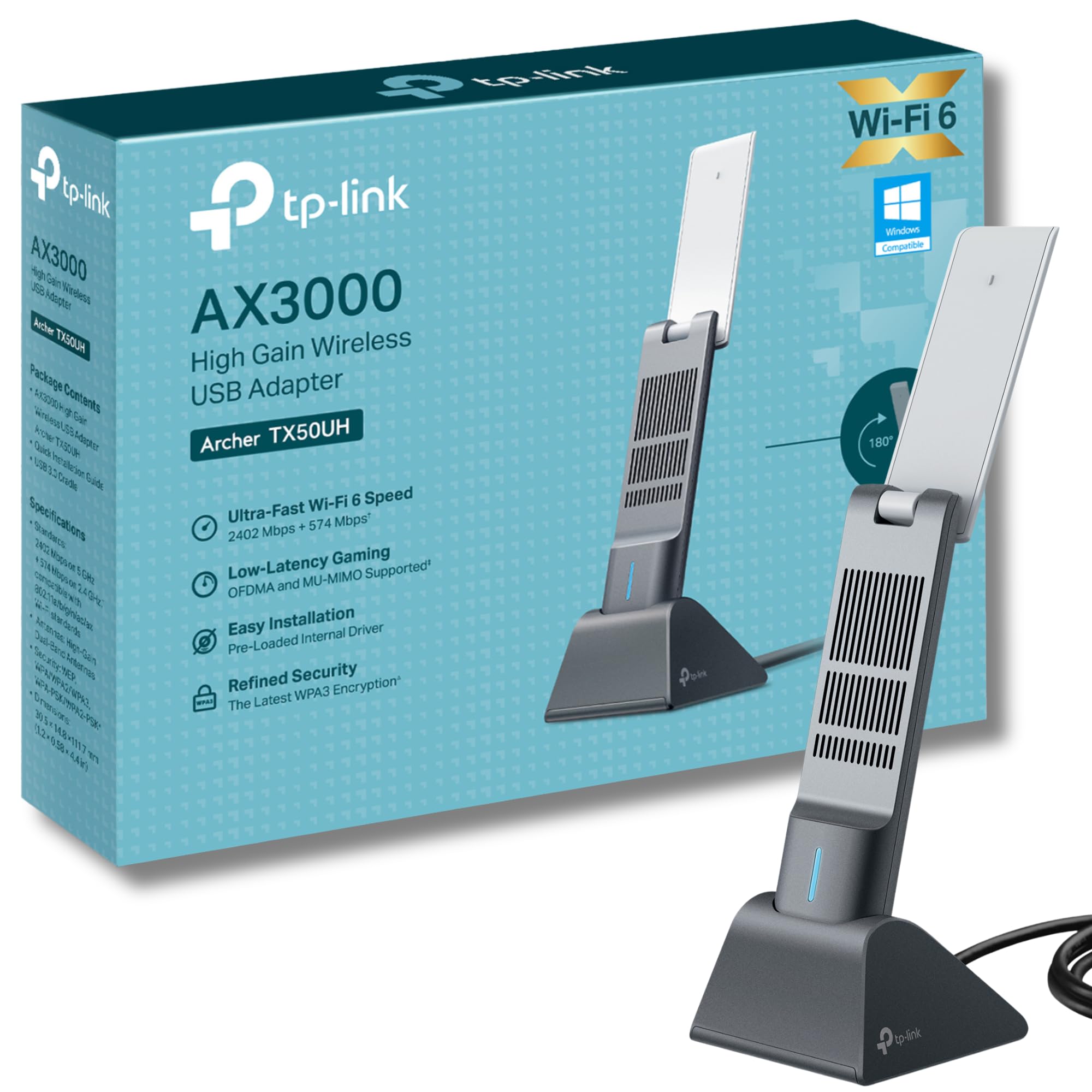 TP-Link AX3000 Wi-Fi 6 High Gain Wireless USB 3.0 Adapter, Dual-Band, Auto Driver, MU-MIMO, Low- Latency, 1.2m Cable, Supports Windows 10/11, Highly Secure WPA3 (Archer TX50UH), Black