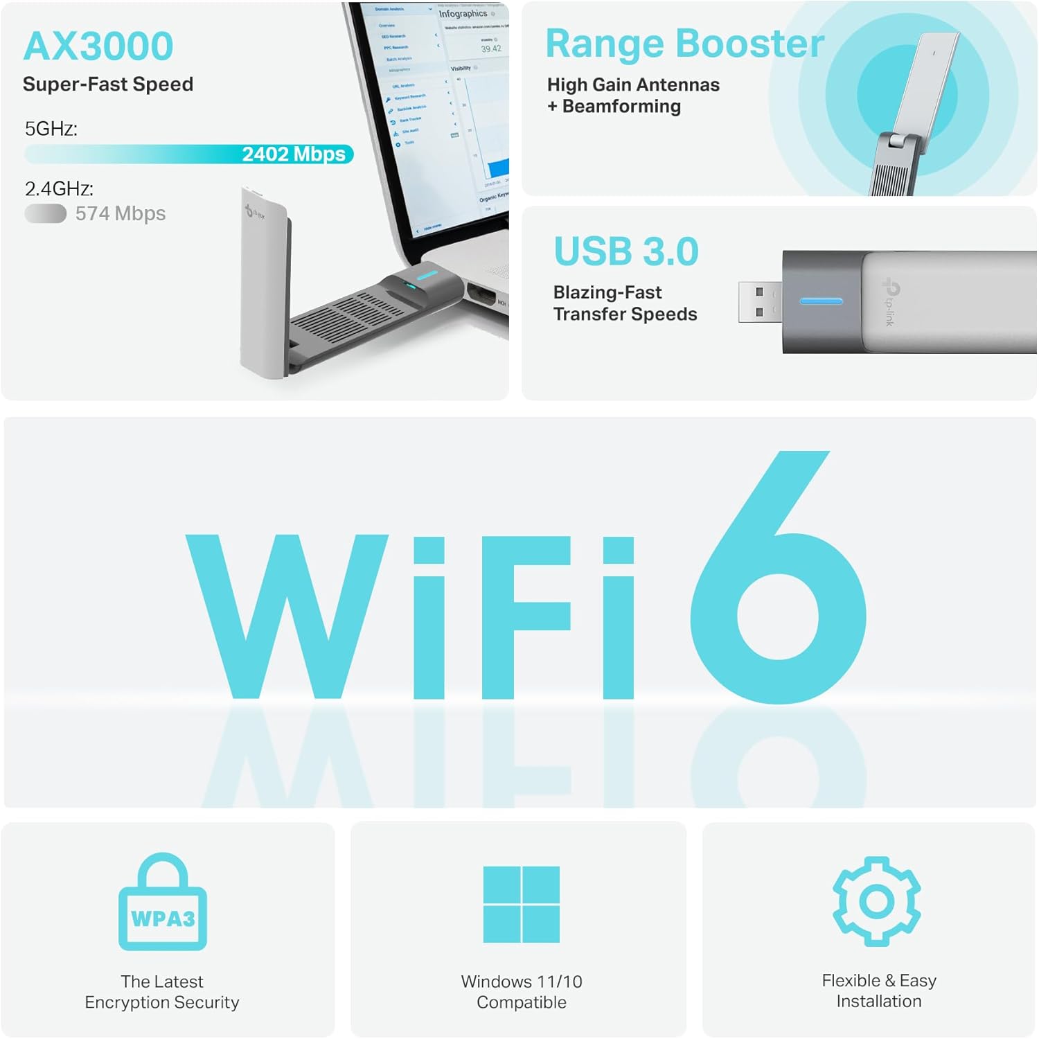 TP-Link AX3000 Wi-Fi 6 High Gain Wireless USB 3.0 Adapter, Dual-Band, Auto Driver, MU-MIMO, Low- Latency, 1.2m Cable, Supports Windows 10/11, Highly Secure WPA3 (Archer TX50UH), Black