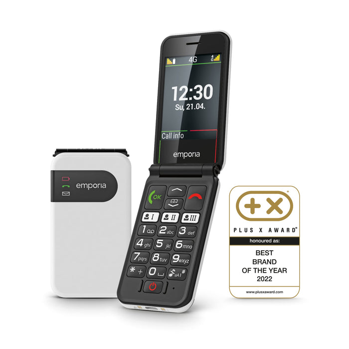Emporia SIMPLICITYglam LTE V227, 4G Flip/Clamshell Phone for the Elderly with large 2.8" screen, Emergency SOS button and charging cradle - White (Official UK and Ireland version)