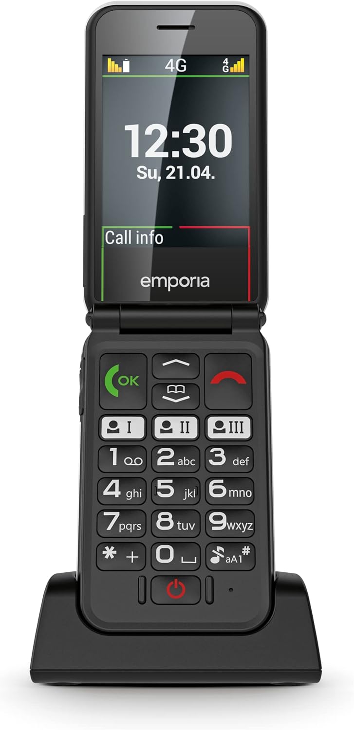 Emporia SIMPLICITYglam LTE V227, 4G Flip/Clamshell Phone for the Elderly with large 2.8" screen, Emergency SOS button and charging cradle - White (Official UK and Ireland version)