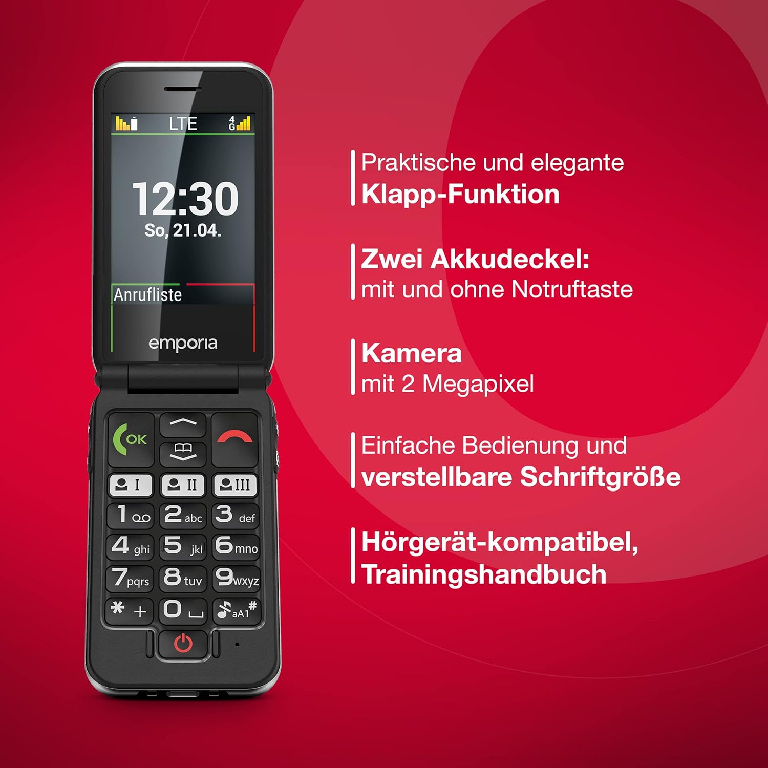 Emporia - JOY LTE - Big-Button 4G FLIP Mobile Phone, ideal for the elderly - Unlocked, Large 2.8" screen, external screen, 2MP camera - BLACK