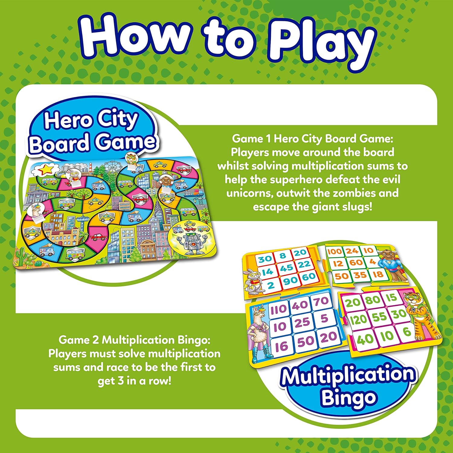 Orchard Toys Times Tables Heroes - 2 in 1 Maths Games for Kids with Multiplication Bingo and Counting Board Game - Children’s Learning and Educational Math Games for 6-9 Year Olds - 2-4 Players