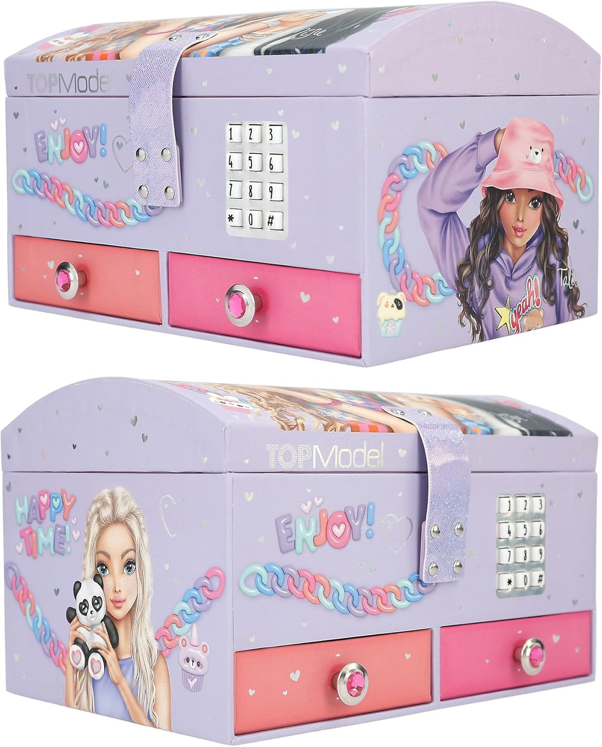 Depesche TOPModel 13141 Large Jewellery Box in Light Purple, with Model Motif and Colourful Details, Jewellery Box with Code, Sound and Mirror