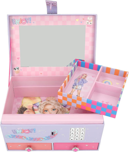 Depesche TOPModel 13141 Large Jewellery Box in Light Purple, with Model Motif and Colourful Details, Jewellery Box with Code, Sound and Mirror