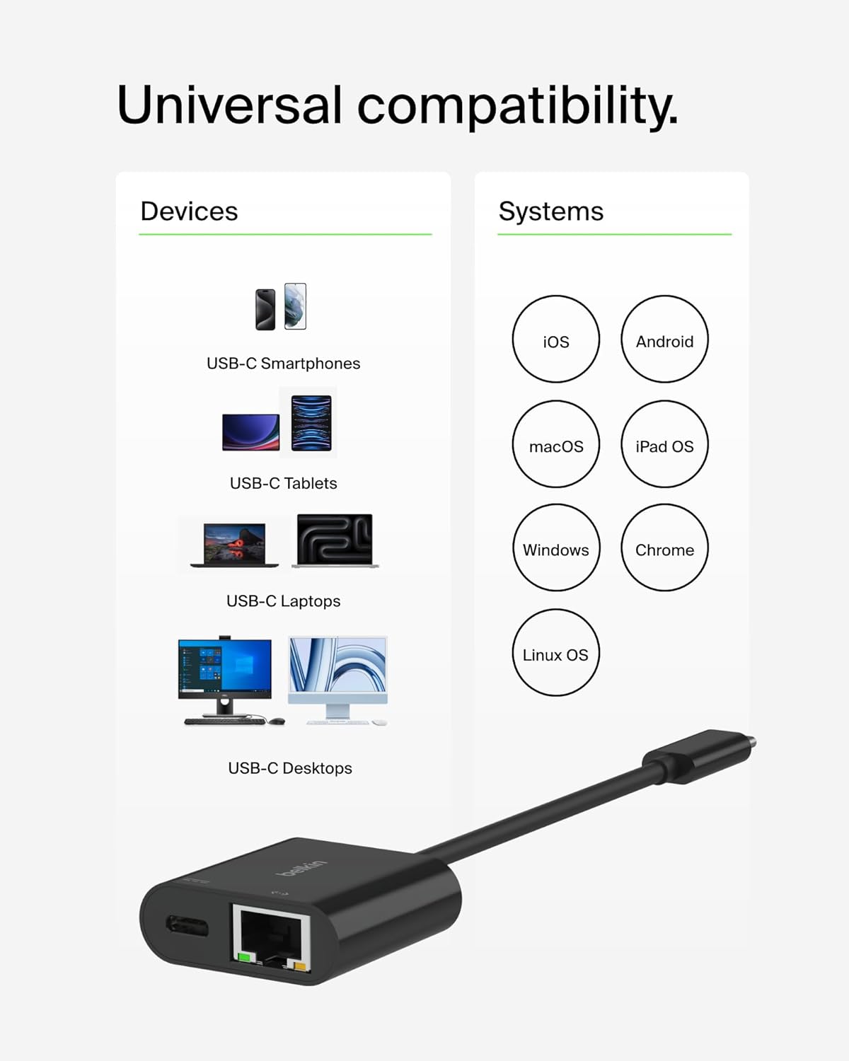 Belkin Connect Adaptateur USB-C vers Ethernet + Recharge (100 W, Gigabit Ethernet,  Mbits pour Une Connexion Internet Rapide, Compatible avec iPhone 16, Samsung Galaxy S24, etc.