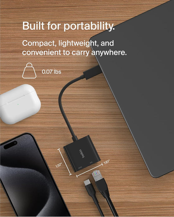 Belkin Connect Adaptateur USB-C vers Ethernet + Recharge (100 W, Gigabit Ethernet,  Mbits pour Une Connexion Internet Rapide, Compatible avec iPhone 16, Samsung Galaxy S24, etc.