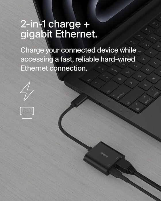 Belkin Connect Adaptateur USB-C vers Ethernet + Recharge (100 W, Gigabit Ethernet,  Mbits pour Une Connexion Internet Rapide, Compatible avec iPhone 16, Samsung Galaxy S24, etc.