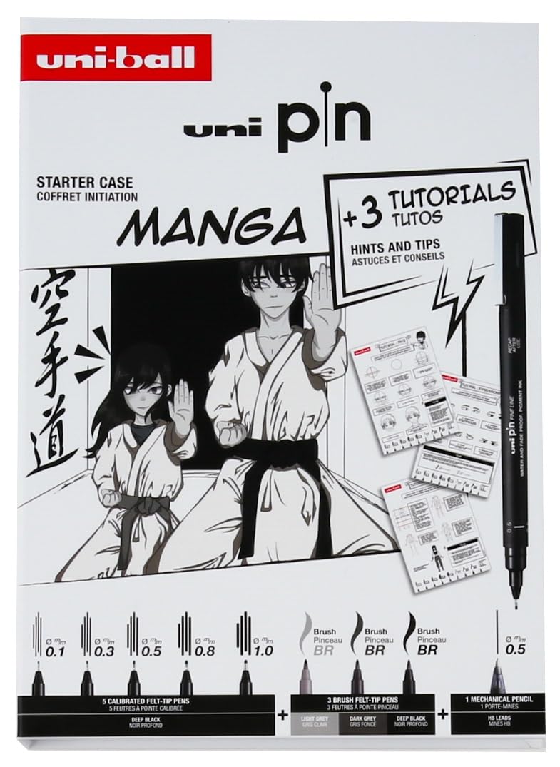 uni-ball PIN Black Ink Felt Tip Pen Fineliners. Manga Starter Set. Includes 3 Fineliners, 5 Brush Tips, 1 Mechanical Pencil. Water and Fade Resistant Ink for Sketching, Calligraphy, Technical Drawing 9pc Letter Drawing Starter Set