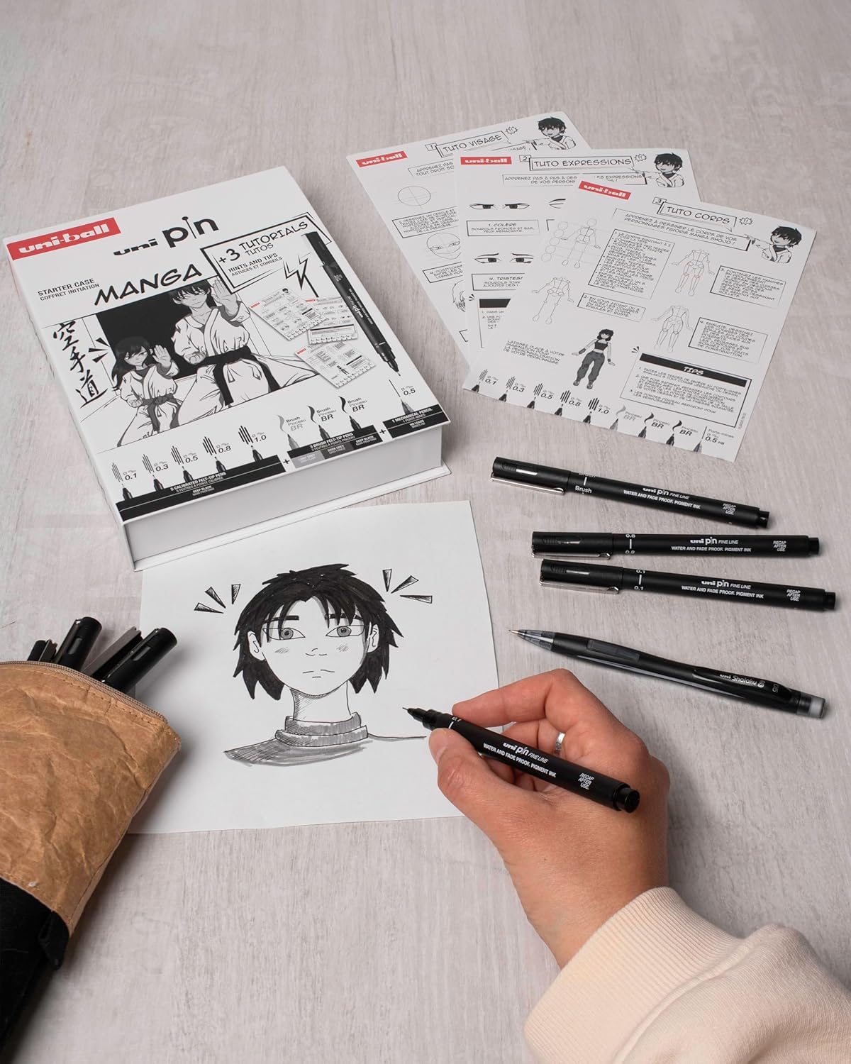 uni-ball PIN Black Ink Felt Tip Pen Fineliners. Manga Starter Set. Includes 3 Fineliners, 5 Brush Tips, 1 Mechanical Pencil. Water and Fade Resistant Ink for Sketching, Calligraphy, Technical Drawing 9pc Letter Drawing Starter Set