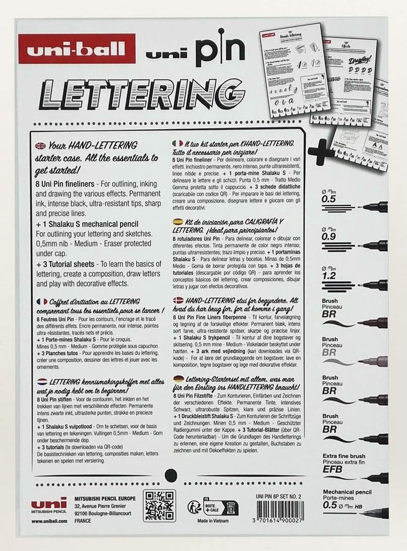 uni-ball PIN Black Ink Felt Tip Pen Fineliners. Lettering Starter Set. Includes 3 Fineliners, 5 Brush Tips, 1 Mechanical Pencil. Water and Fade Resistant Ink for Manga, Calligraphy, Technical Drawing