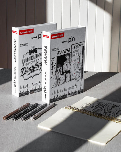 uni-ball PIN Black Ink Felt Tip Pen Fineliners. Lettering Starter Set. Includes 3 Fineliners, 5 Brush Tips, 1 Mechanical Pencil. Water and Fade Resistant Ink for Manga, Calligraphy, Technical Drawing
