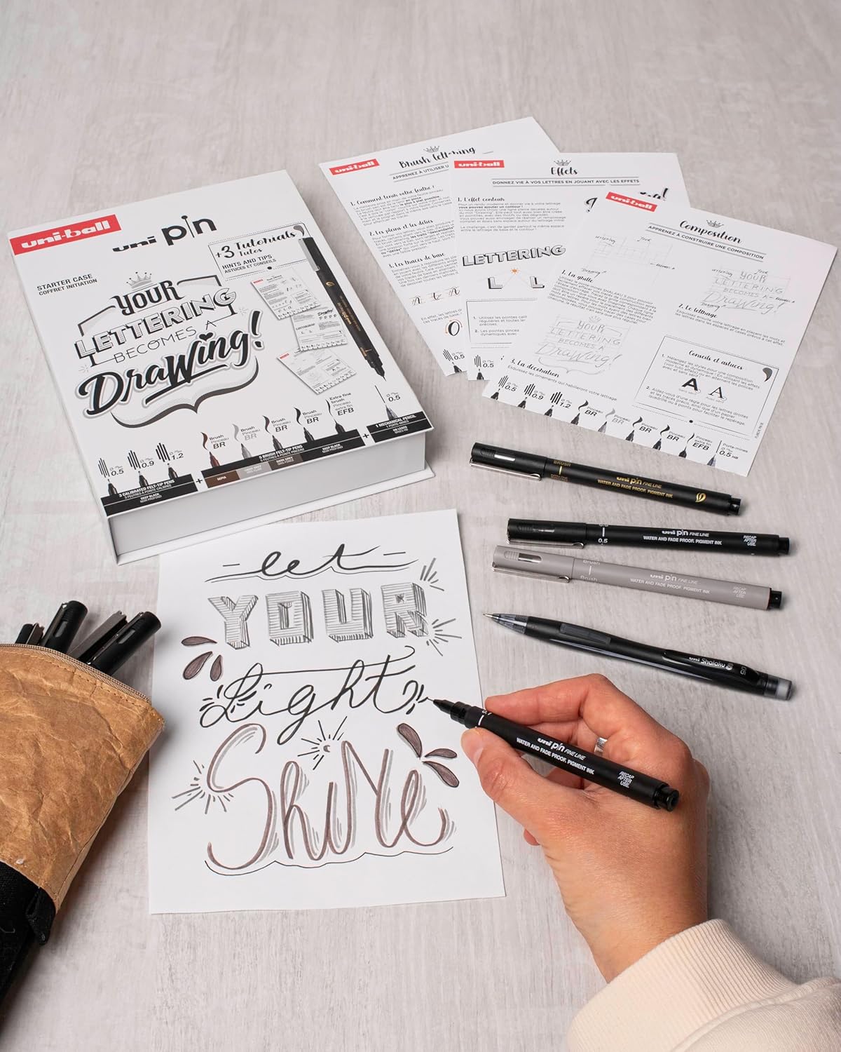 uni-ball PIN Black Ink Felt Tip Pen Fineliners. Lettering Starter Set. Includes 3 Fineliners, 5 Brush Tips, 1 Mechanical Pencil. Water and Fade Resistant Ink for Manga, Calligraphy, Technical Drawing