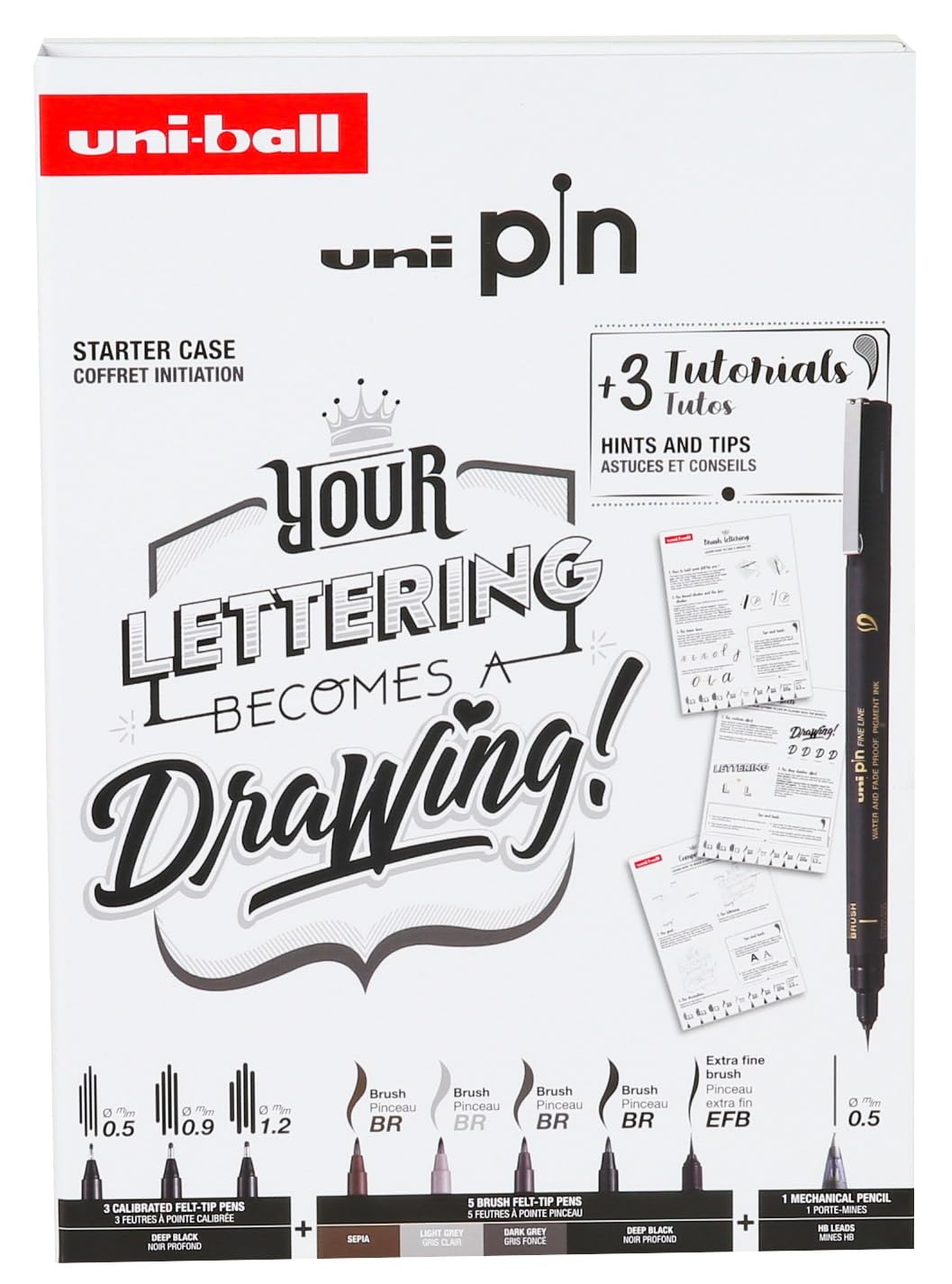 uni-ball PIN Black Ink Felt Tip Pen Fineliners. Lettering Starter Set. Includes 3 Fineliners, 5 Brush Tips, 1 Mechanical Pencil. Water and Fade Resistant Ink for Manga, Calligraphy, Technical Drawing