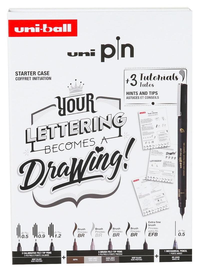 uni-ball PIN Black Ink Felt Tip Pen Fineliners. Lettering Starter Set. Includes 3 Fineliners, 5 Brush Tips, 1 Mechanical Pencil. Water and Fade Resistant Ink for Manga, Calligraphy, Technical Drawing