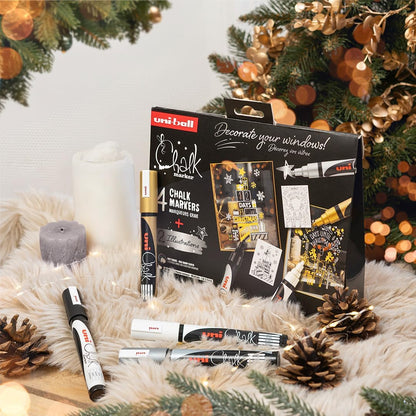 uni-ball Liquid Chalk Pens. Multi-Purpose Wipeable Coloured Markers for Blackboards, Chalkboards, Whiteboards, Glass, Mirrors, Plastic, Windows, Metal. Medium Tip. 4pc Christmas Set