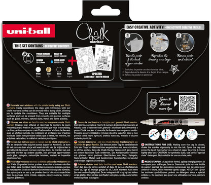 uni-ball Liquid Chalk Pens. Multi-Purpose Wipeable Coloured Markers for Blackboards, Chalkboards, Whiteboards, Glass, Mirrors, Plastic, Windows, Metal. Medium Tip. 4pc Christmas Set