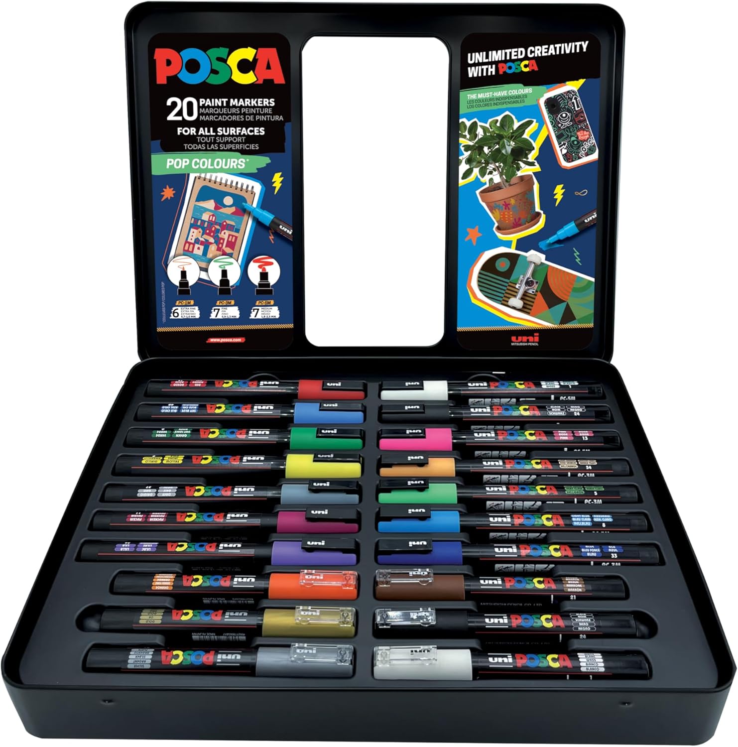 Uni-Ball 186831 - POSCA Marker Set, 20 Acrylstifte im Etui, Marker Set Pop Colours, Spitze PWE5M 1,8-2,5 mm