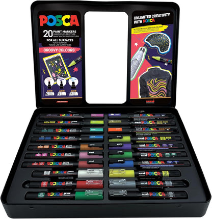 uni-ball Posca Groovy Colours 1MC/3M/5M Metal Box of 20 Markers, Assorted Colours