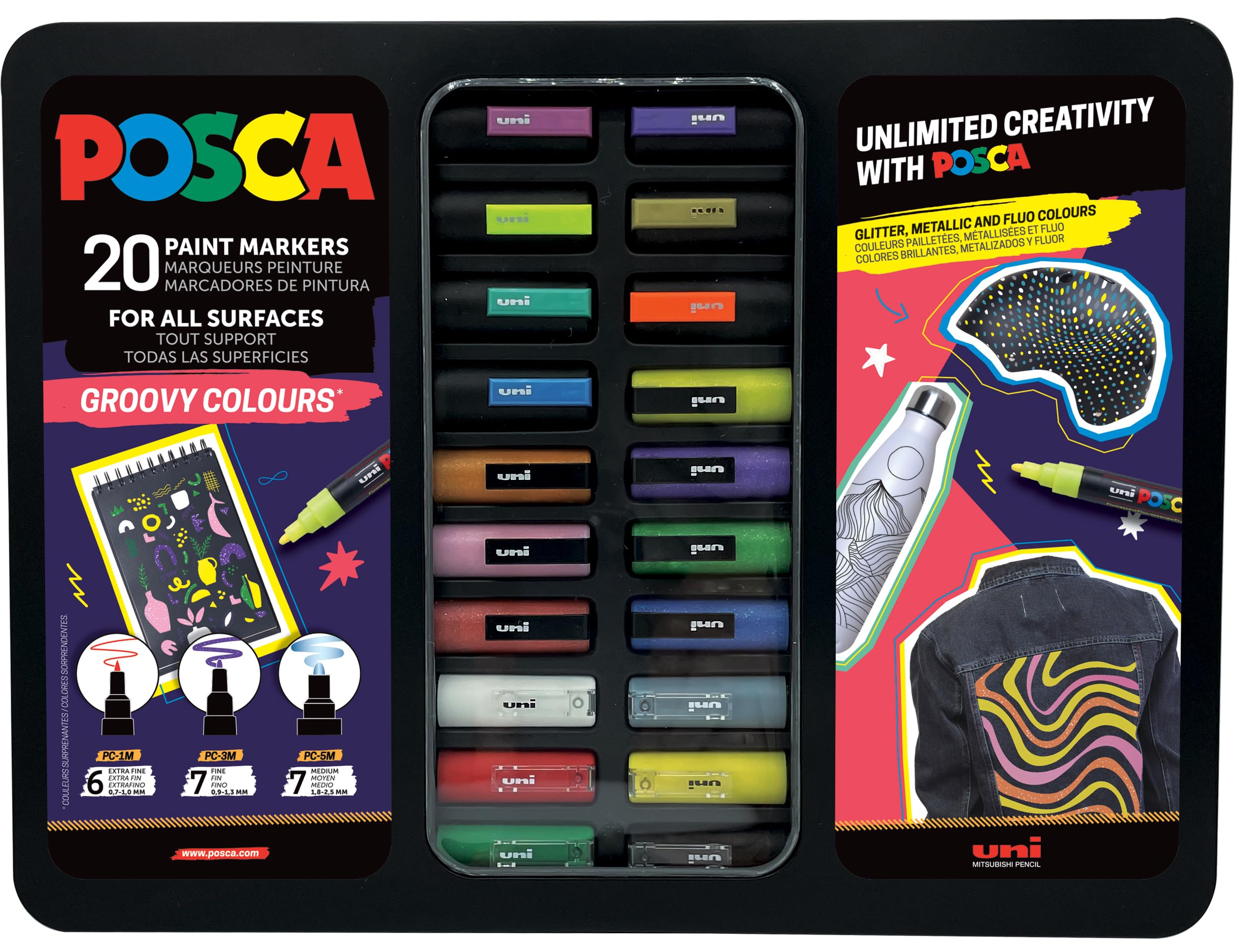 uni-ball Posca Groovy Colours 1MC/3M/5M Metal Box of 20 Markers, Assorted Colours
