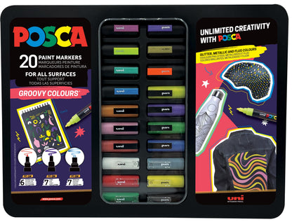 uni-ball Posca Groovy Colours 1MC/3M/5M Metal Box of 20 Markers, Assorted Colours