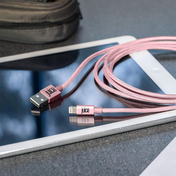 Juice Apple Lightning Cable 3m Braided Eco Rose Gold,iPhone 14, Max, Pro, Plus, iPhone 13, Max, Pro and Mini, iPhone 12, Max, Pro and Mini, iphone 11, Pro, X, Xr, iPhone 8, 7, 6, SE, 5, iPad
