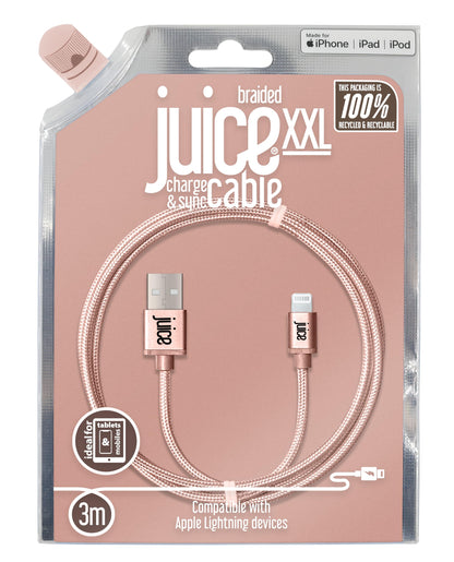 Juice Apple Lightning Cable 3m Braided Eco Rose Gold,iPhone 14, Max, Pro, Plus, iPhone 13, Max, Pro and Mini, iPhone 12, Max, Pro and Mini, iphone 11, Pro, X, Xr, iPhone 8, 7, 6, SE, 5, iPad