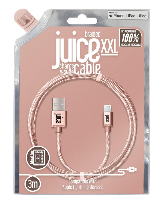 Juice Apple Lightning Cable 3m Braided Eco Rose Gold,iPhone 14, Max, Pro, Plus, iPhone 13, Max, Pro and Mini, iPhone 12, Max, Pro and Mini, iphone 11, Pro, X, Xr, iPhone 8, 7, 6, SE, 5, iPad