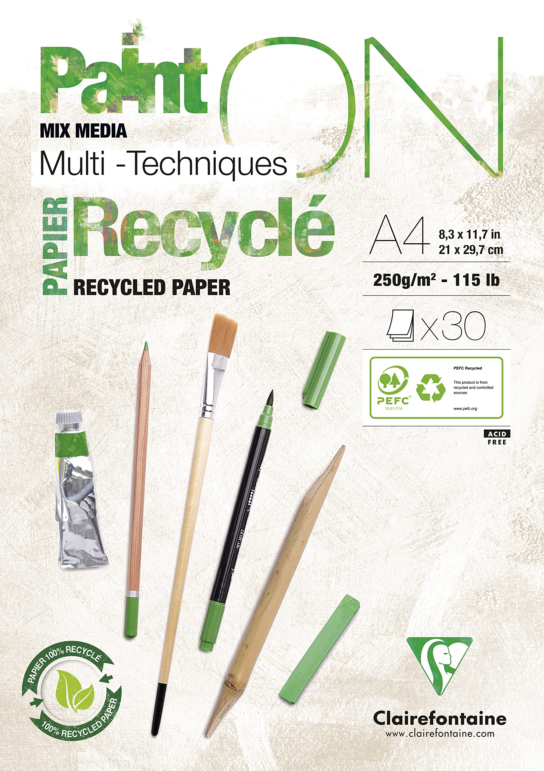 Clairefontaine 975741C Collé PaintON multifunctioneel blok, 30 vellen, multifunctioneel papier, 100% gerecycled, met zijdeglans, wit, A4, 21 x 29,7 cm, 250 g