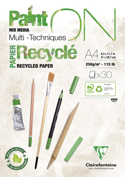 Clairefontaine 975741C Collé PaintON multifunctioneel blok, 30 vellen, multifunctioneel papier, 100% gerecycled, met zijdeglans, wit, A4, 21 x 29,7 cm, 250 g