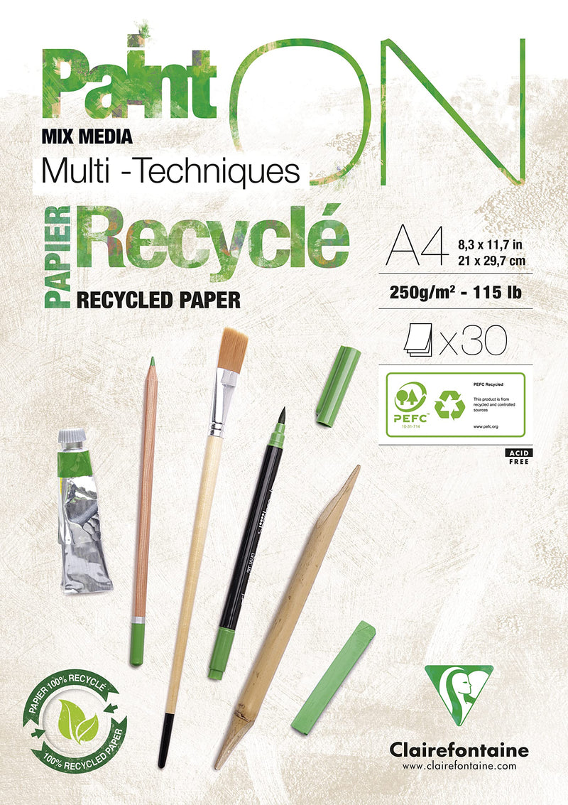 Clairefontaine 975741C Collé PaintON multifunctioneel blok, 30 vellen, multifunctioneel papier, 100% gerecycled, met zijdeglans, wit, A4, 21 x 29,7 cm, 250 g