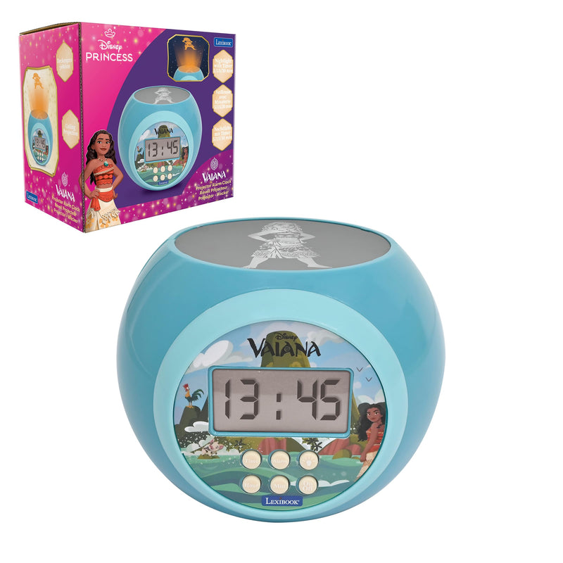 Lexibook, Disney Vaiana, Wecker-Projektor mit Alarmfunktion und Snooze-Schlummerfunktion, Nachtlicht mit Timer, LCD-Bildschirm, batteriebetrieben, Blau, RL977VN