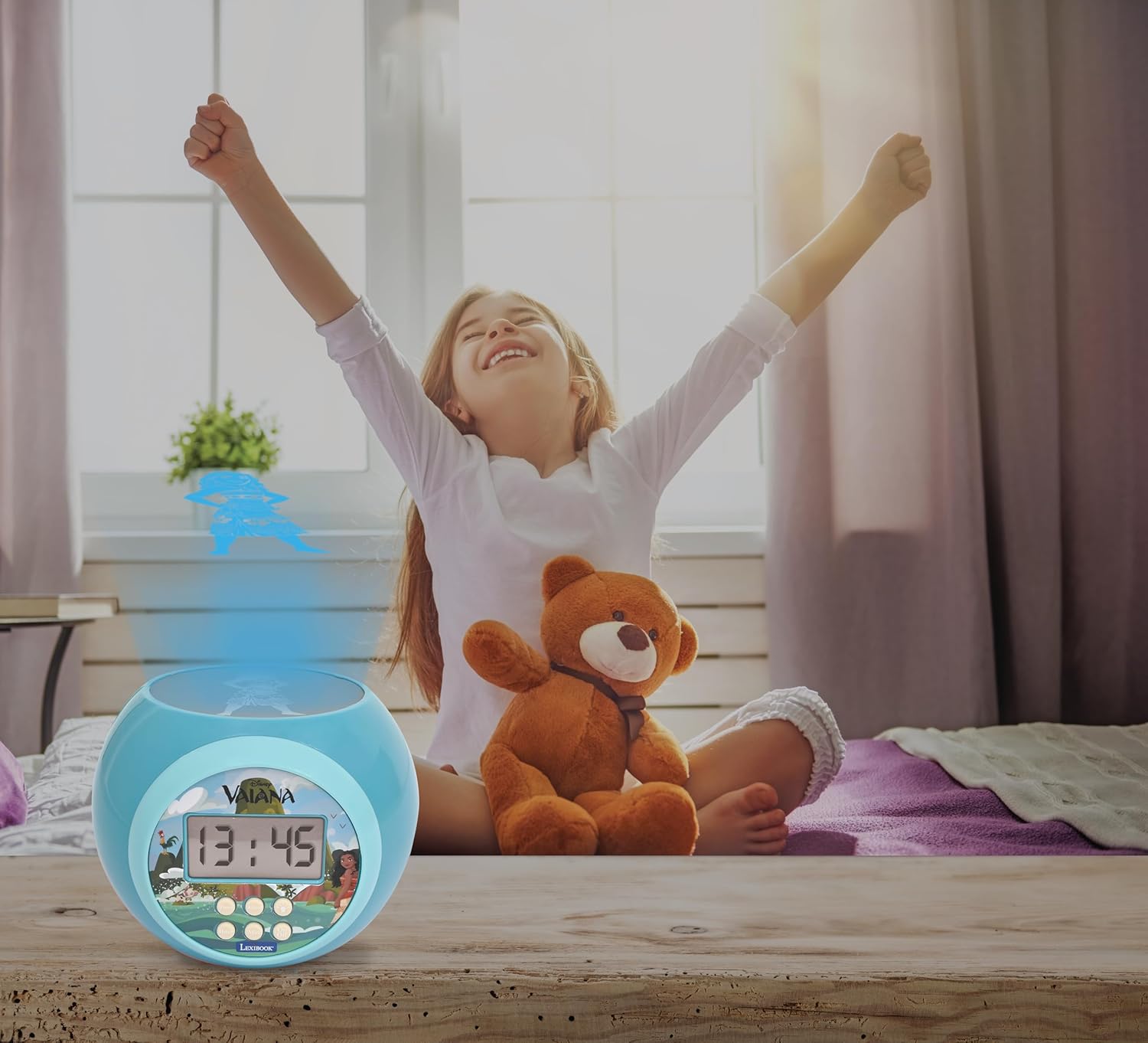 Lexibook, Disney Vaiana, Wecker-Projektor mit Alarmfunktion und Snooze-Schlummerfunktion, Nachtlicht mit Timer, LCD-Bildschirm, batteriebetrieben, Blau, RL977VN
