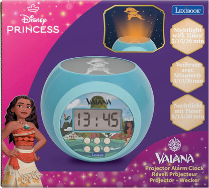 Lexibook, Disney Vaiana, Wecker-Projektor mit Alarmfunktion und Snooze-Schlummerfunktion, Nachtlicht mit Timer, LCD-Bildschirm, batteriebetrieben, Blau, RL977VN